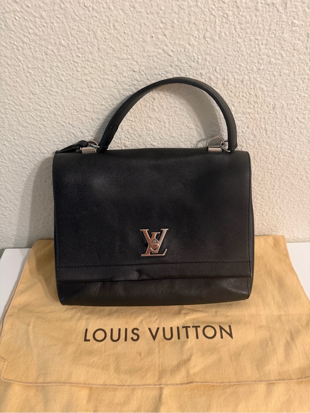 Louis Vuitton Black Leather Lock it top -Handle Bag.